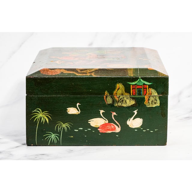 Lovely Asian Inspired Antique Hand Painred Large Humidor Box Chinoiserie Home Decor For Sale - Image 15 of 18