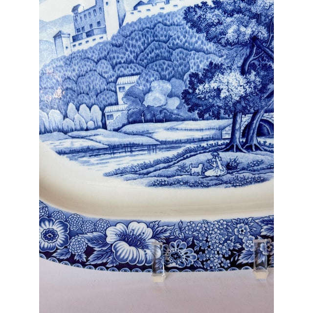 English Vintage Import Blue Transferware Platter With Trees and Castle For Sale - Image 3 of 8