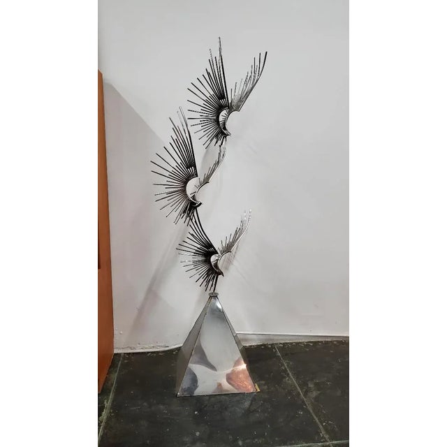 Mid-Century Modern Curtis Jere "Birds at Flight" Chrome Metal Sculpture With Trapezoidal Base For Sale - Image 3 of 12