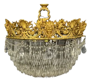 Empire, Impressive Pendant Light, Dore Bronze, Crystal, France, 19th C.