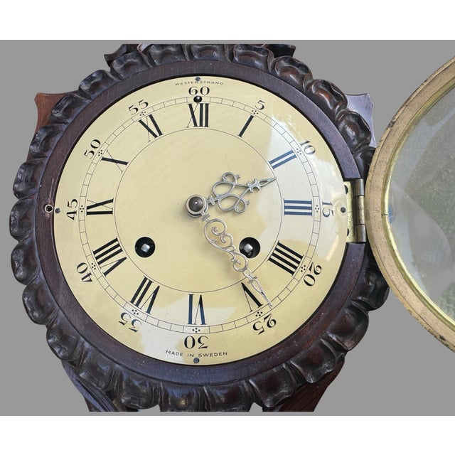 Vintage Floral Carved Wall Hanging Clock Sweden Westerstrand For Sale - Image 9 of 10