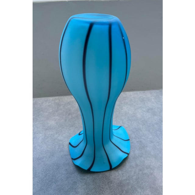Encased Glass Vase 12” Deep Sky Blue W/Purple Stripes, Elegant Silhouette, Handmade Whimsical For Sale - Image 4 of 12