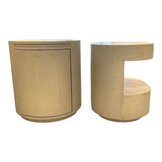 Ron Seff for Karl Springer Linen Wrapped Pair Nightstands/ Side Tables For Sale