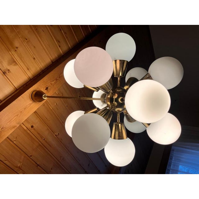 White Space Age Brass Sputnik Chandelier attributed to Kamenicky Senov, 1970s For Sale - Image 8 of 9