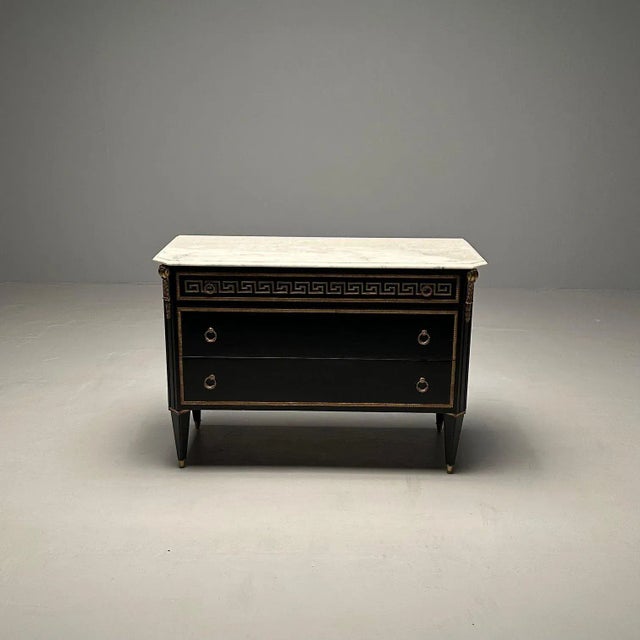 Hollywood Regency Hollywood Regency Ebonized Cabinet / Commode, Greek Key Motif, Bronze Mounted For Sale - Image 3 of 12