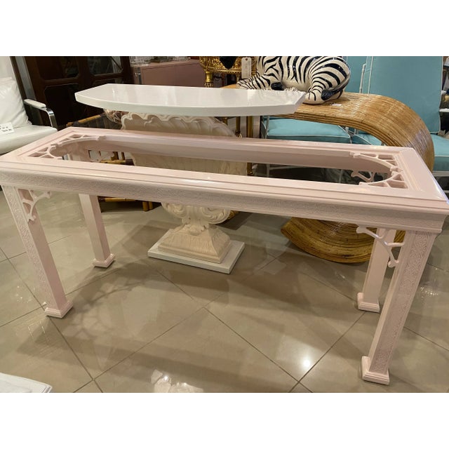 Vintage John Stuart Palm Beach Coral Lacquered Fretwork Glass Top Console Table For Sale - Image 13 of 13