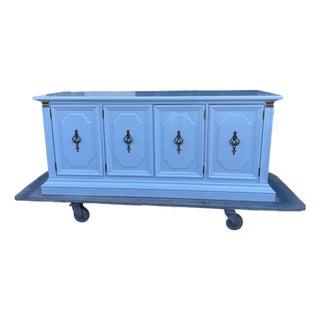 1960s Stanley High-Gloss Blue Hydrangea Console/ Credenza With Brass Hardware For Sale