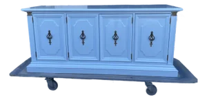1960s Stanley High-Gloss Blue Hydrangea Console/ Credenza With Brass Hardware