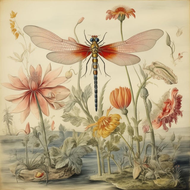 2020s "Dragonfly and Flowers" No. 3 - Hortus Floridus Style Botanical Fine Art Print For Sale - Image 5 of 5