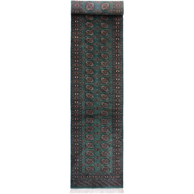 Rustic Bokhara Green/Black Hand Knotted Wool Runner Rug For Sale - Image 9 of 9
