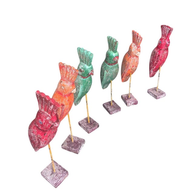 Vintage Indian Hand-Carved & Painted Wooden Parrots on Stands - Set of 6 For Sale - Image 4 of 11