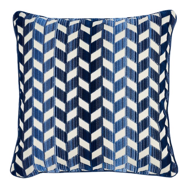 Schumacher Chevron Strie Velvet 20" Pillow in Lapis For Sale