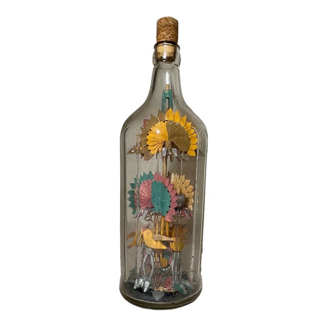 Antique Handmade Whimsical Folk Art Mixed Media Wood Glass Sculpture in Bottle For Sale