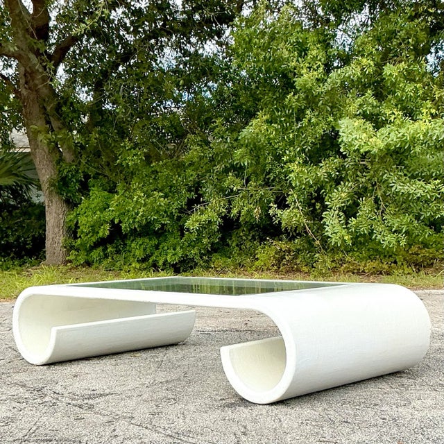 Hollywood Regency Vintage Boho Linen Wrapped Scroll Coffee Table For Sale - Image 3 of 11