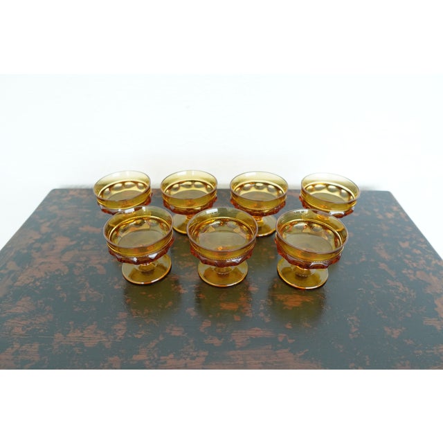 Mid-Century Modern Vintage Indiana Glass Amber King’s Crown Thumbprint Sherbet Glasses - Set of 7 For Sale - Image 3 of 16