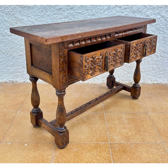 Brown Spanish Hand-Carved Console with Drawers, 1920s For Sale - Image 8 of 11