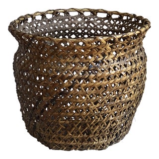 Large Mid-Century Bamboo & Rattan Floor Planter Basket For Sale