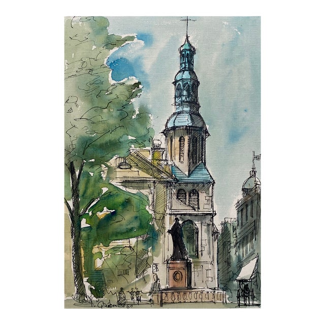 1960 Jacques Schyrgens Notre Dame Quebec Canada Watercolor For Sale