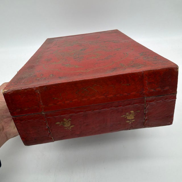 Paint Vintage Chinese Gilt Red Lacquer Leather Document Box With Dragon & Phoenix For Sale - Image 7 of 14