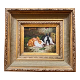 1980s Beautiful original, signed oil painting of bunnies // gallery wall // framed artwork // home decor // English country // original artwork For Sale