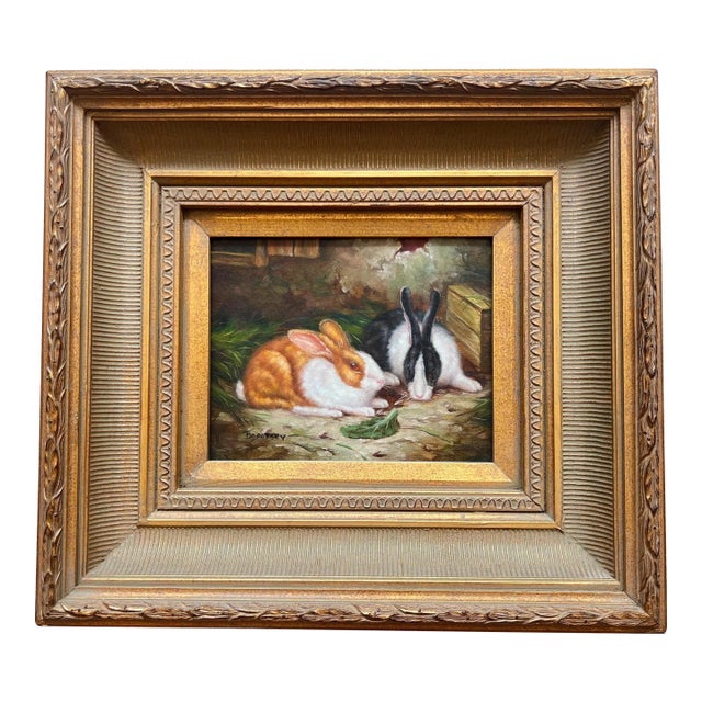 1980s Beautiful original, signed oil painting of bunnies // gallery wall // framed artwork // home decor // English country // original artwork For Sale