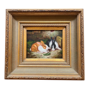 1980s Beautiful original, signed oil painting of bunnies // gallery wall // framed artwork // home decor // English country // original artwork