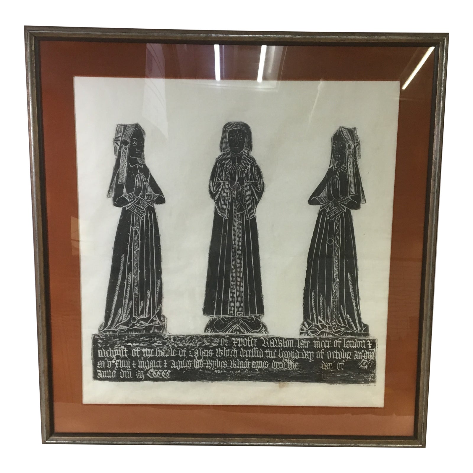 Medieval Brass Rubbing of Tombstone With Old English Inscription