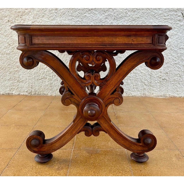 1930s Spanish Baroque Revival Writing Table with Lyre Legs and Leather Top, 1920s For Sale - Image 5 of 10