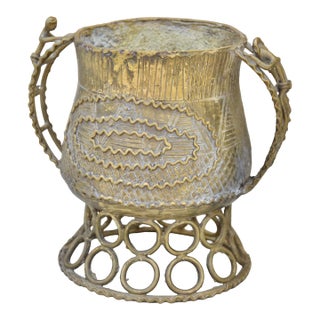 Mid 20th Century Handcrafted & Engraved Brass Bowl W/ Ornate Handles For Sale