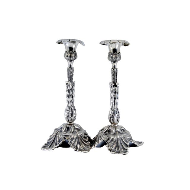 Silver Candlesticks Embossed with Acanthus Leaves and Resting on Three Feet, Set of 2 For Sale - Image 11 of 11