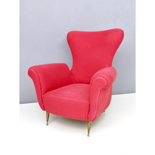 Mid-Century Modern Vintage Red Cotton Wingback Armchair with Brass Feet, Italy For Sale - Image 3 of 11