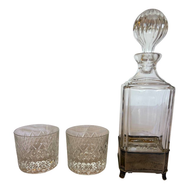 French Art Deco Silver-Plated and Cut Glass Decanter with Tumblers, 1930, Set of 3 For Sale