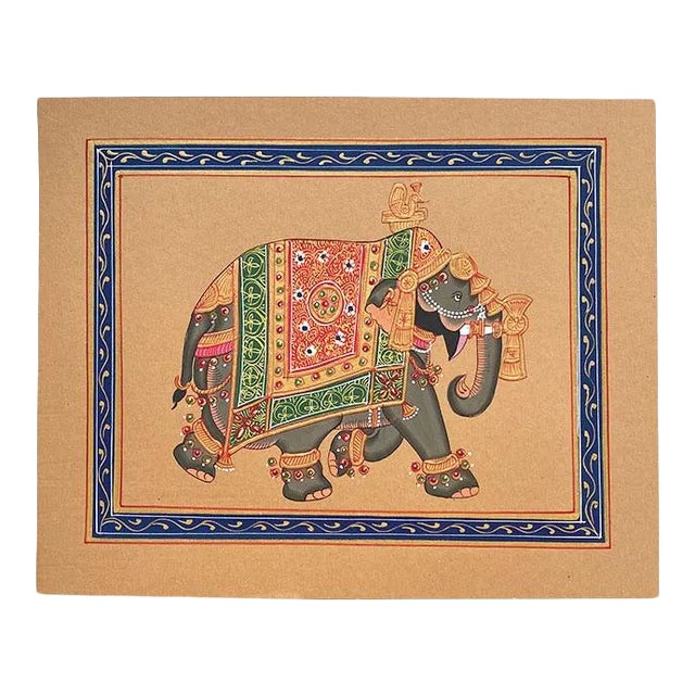 Hand Painted Elephant in Gold Regalia on Paper - India For Sale
