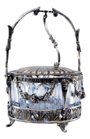 Silver Sugar Bowl with Bows, Masks, Hinged Lid and Cut Glass Interior with Spoon, Set of 2