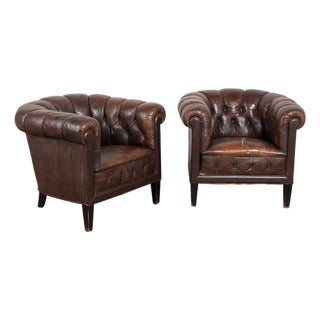 Pair of Vintage Brown Leather Chesterfield Club Chairs From Denmark For Sale