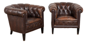 Pair of Vintage Brown Leather Chesterfield Club Chairs From Denmark