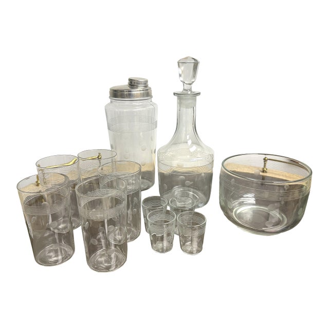 1950’s Stripes and Polka Dot Etched Bar Set - A Set of 12 For Sale