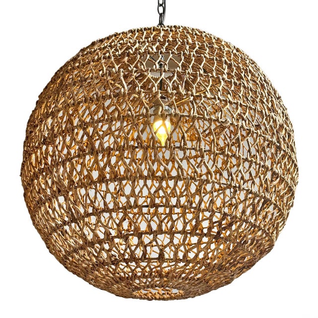 Contemporary Braided Banana Leaf Globe Pendant Light Large For Sale - Image 3 of 7