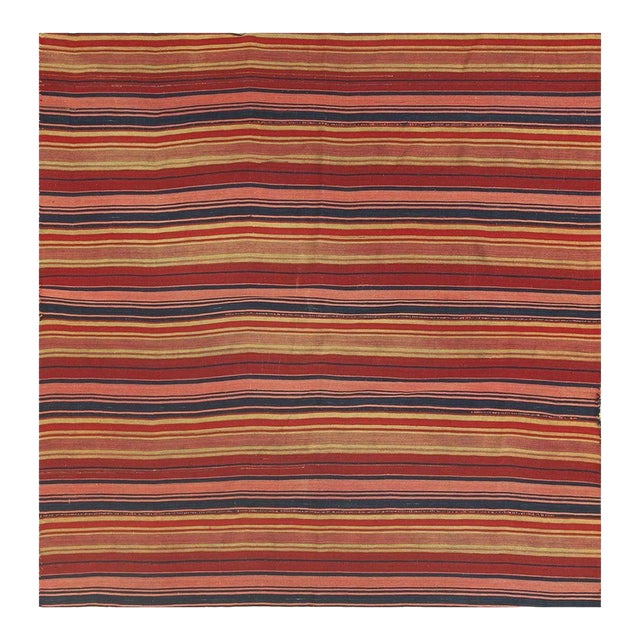 1950s Multi Stripe Geometric Flatweave Wool Vintage Turkish Kilim Square Rug For Sale