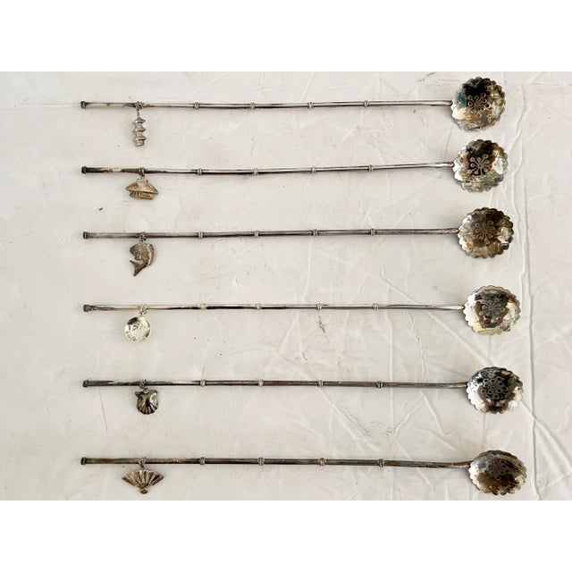 Metal Sterling Chinoiserie Silver Cocktail Spoons - Set of 6 For Sale - Image 7 of 11