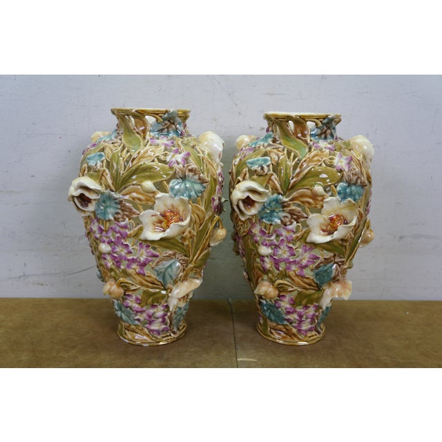 Late 19th Century Antique Art Nouveau Hungarian Zsolnay Tádé Sikorski Openwork Floral Mallow Vases For Sale - Image 5 of 18