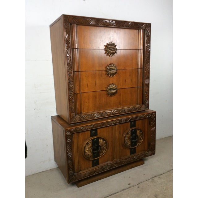 Mid Century Modern Armoire With Five Drawers and Unique Brass Hardware For Sale In Philadelphia - Image 6 of 18