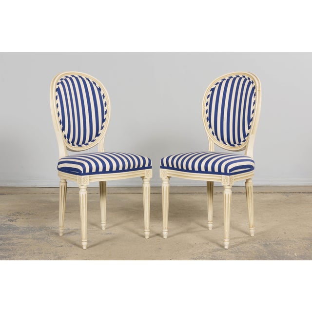Pair of Antique French Louis XVI Style Painted Side Chairs in Blue Stripe For Sale - Image 10 of 18