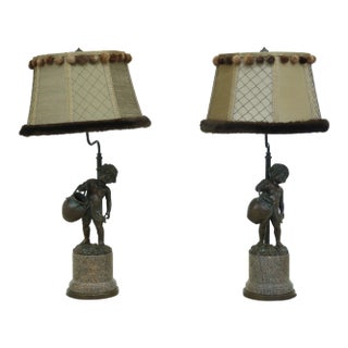1990s Morgan Hill Bronze & Marble Classical Puti Table Lamps - a Pair For Sale