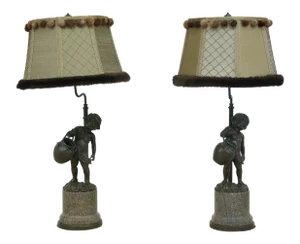 1990s Morgan Hill Bronze & Marble Classical Puti Table Lamps - a Pair