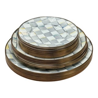 Mackenzie Childs Enamelware Sterling Check Dinnerware, Set of Twenty-Six For Sale