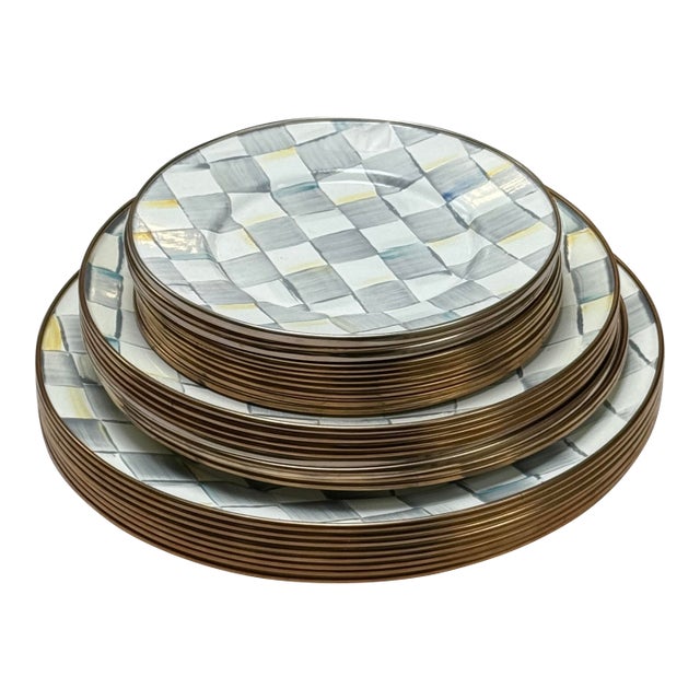 Mackenzie Childs Enamelware Sterling Check Dinnerware, Set of Twenty-Six For Sale