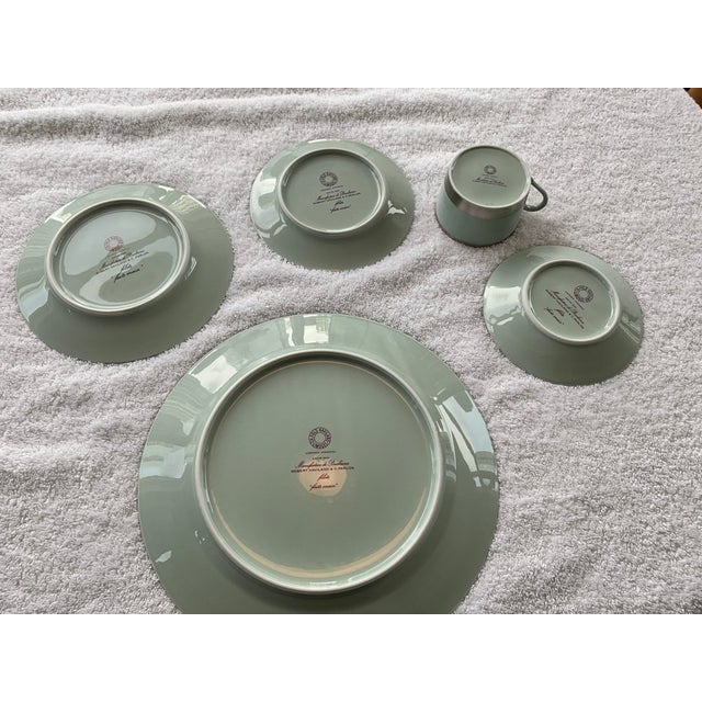 Rare celadon colored and hand applied platinum banded /trim Limoges 5-piece place settings in pattern William Celadon by...