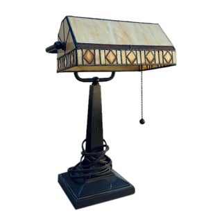 Vintage Tiffany-Style Stained Glass Banker Lamp | Arts & Crafts / Mission Style For Sale