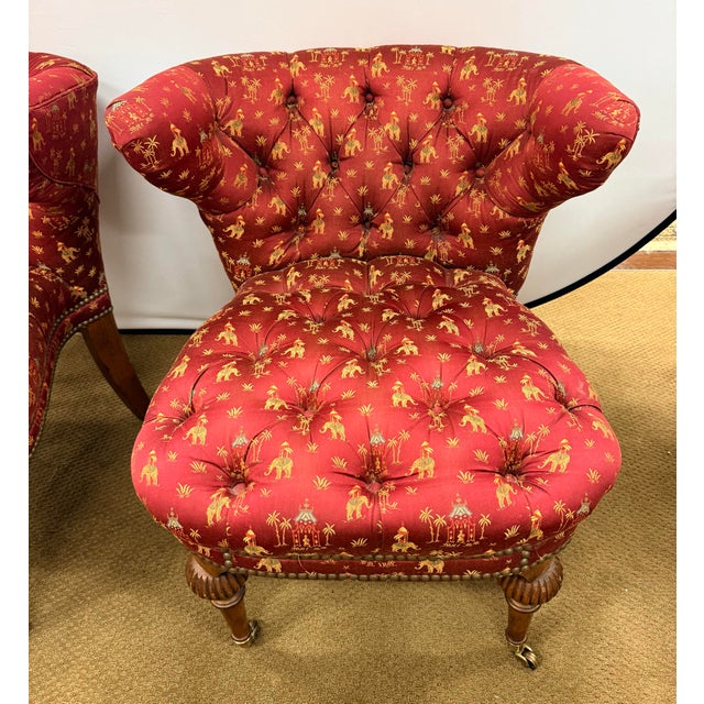 Red Pair of Chinoiserie Tufted Red Barrel Back Slipper Chairs For Sale - Image 8 of 11